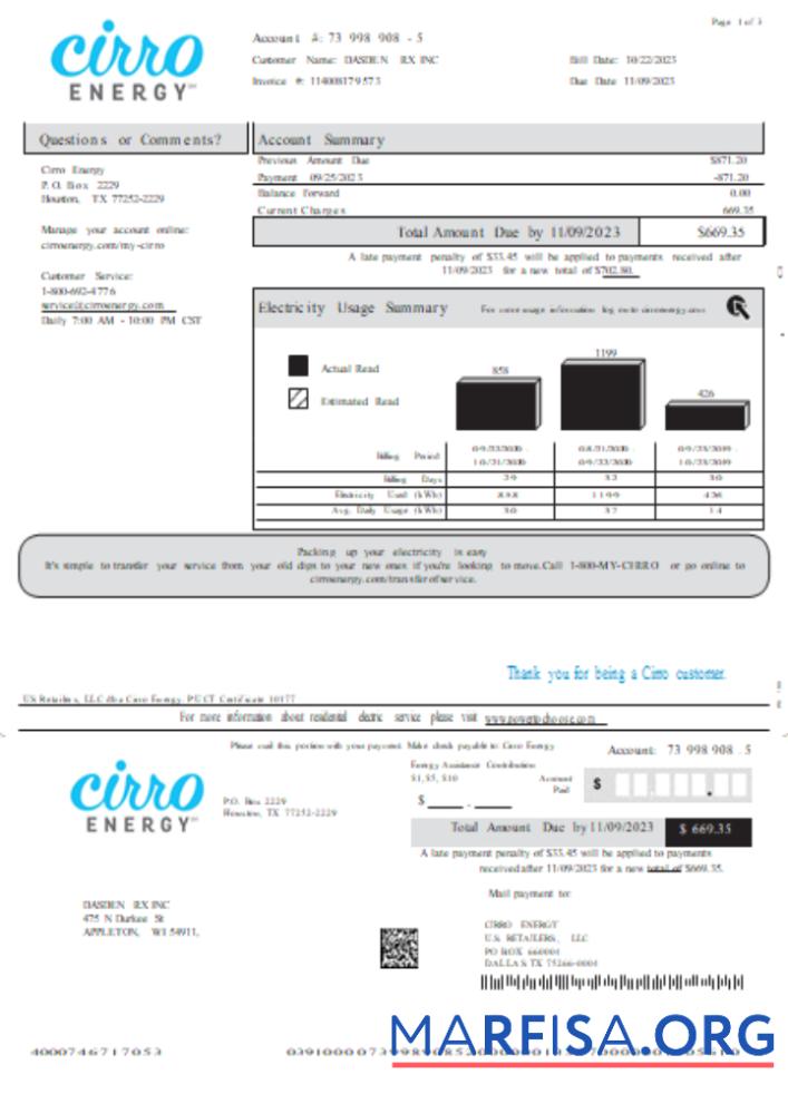 Blank Texas Cirro Energy utility business bill, page 1 SCR download for verification